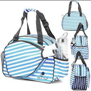 Pik'le'Ball Sports Blue White Cabana Stripe Bag for Paddles Shoes and More